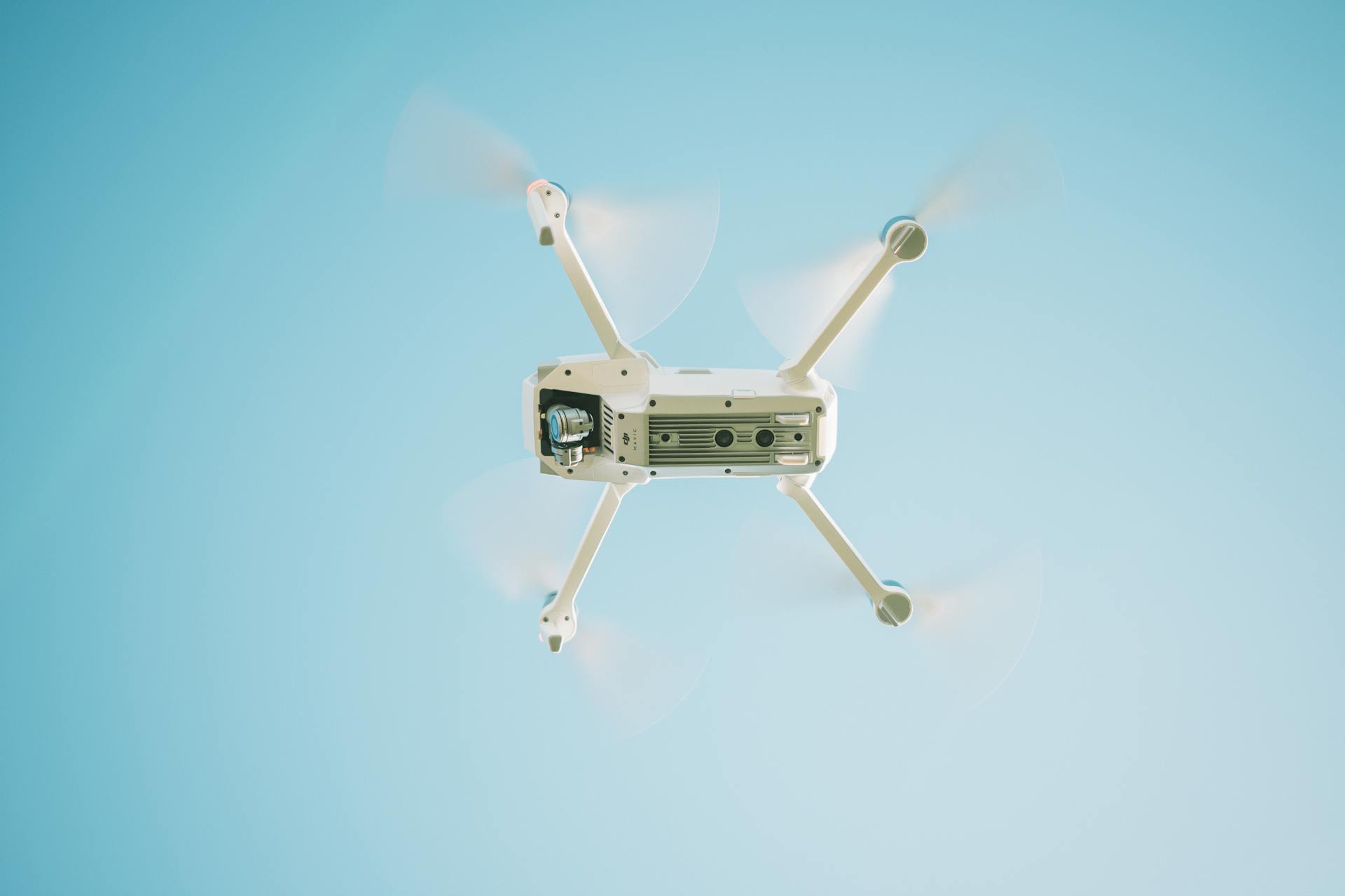 Professional drone flying against a clear blue sky